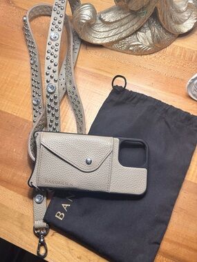 Bandolier Taupe Leather Crossbody Phone Case with Studded Strap
